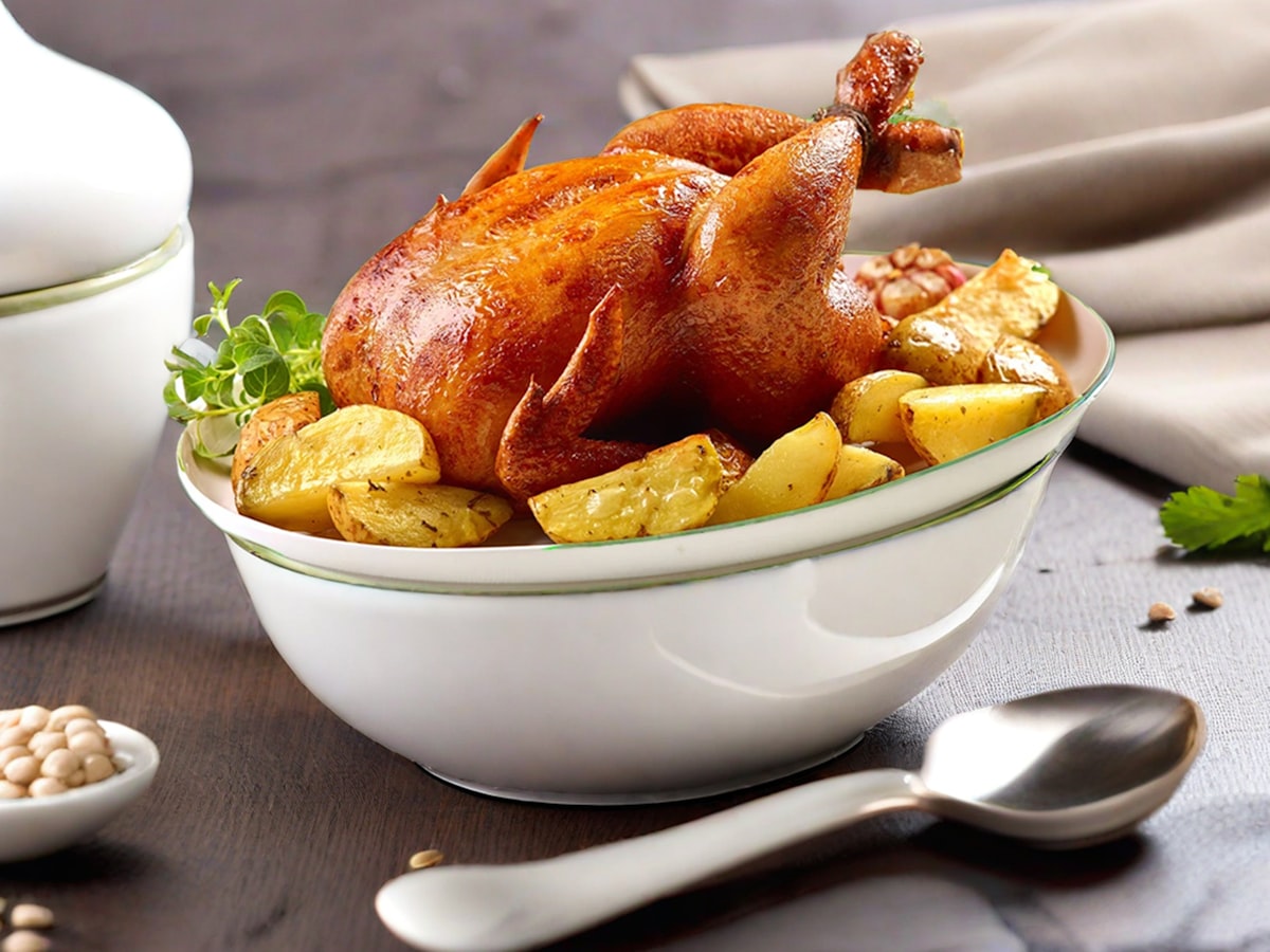 A whole roast chicken browned all over, sitting in a dish of roast potato wedges