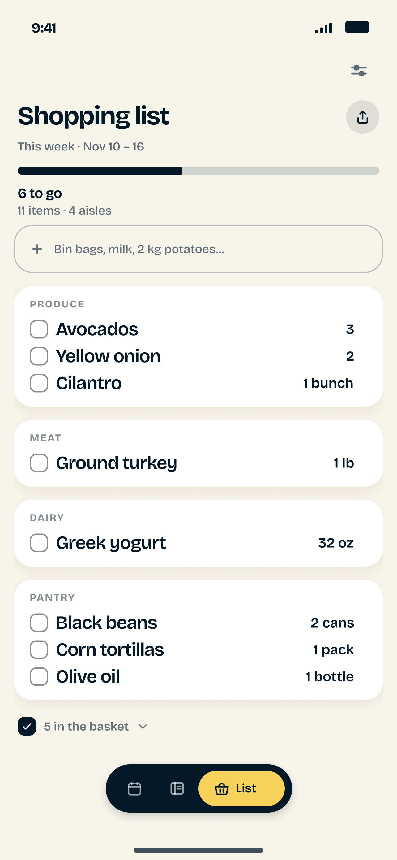 Farro's shopping list, grouped into produce, meat, dairy and pantry with a quantity beside each item