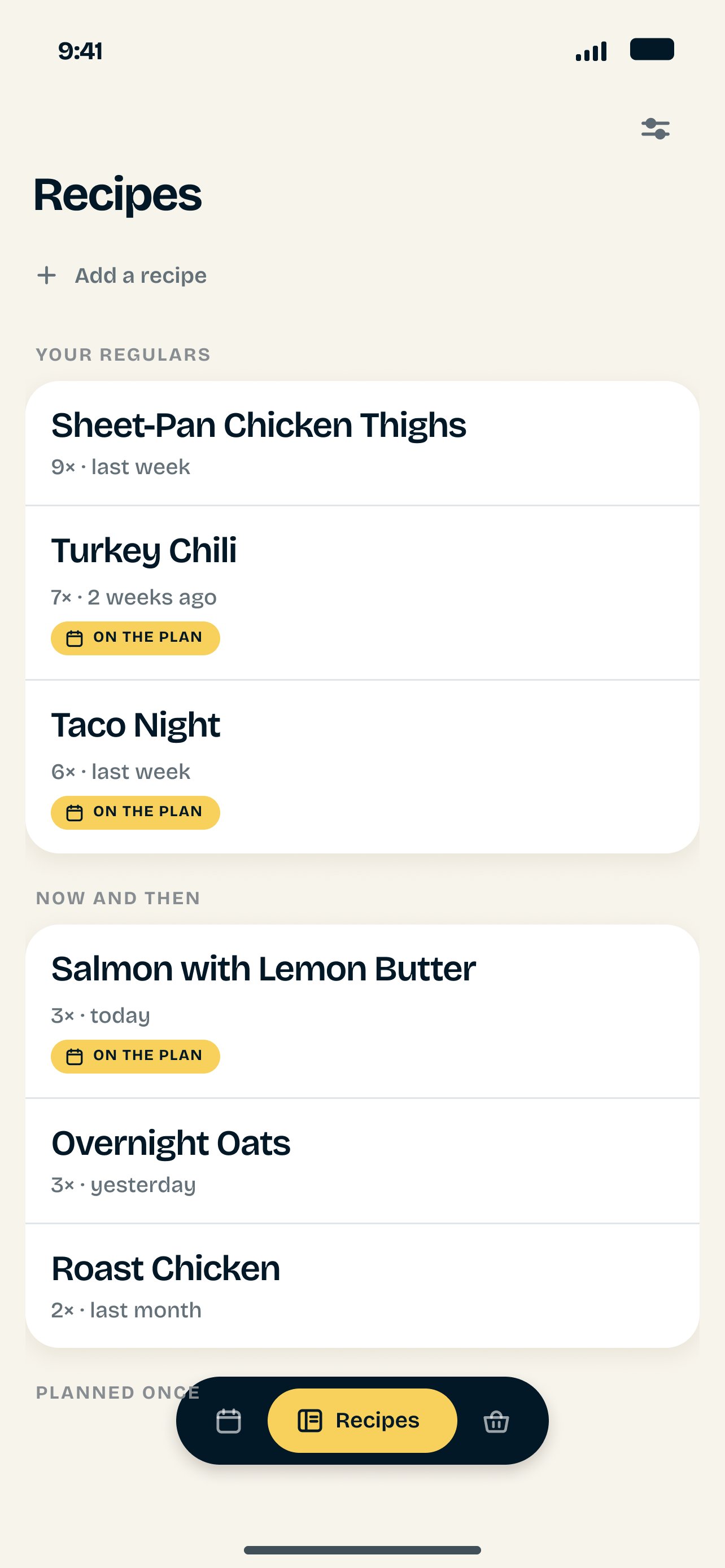 Farro's recipe library with a live search field